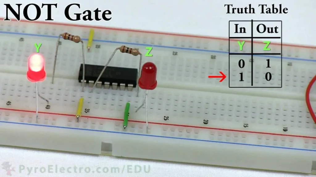 NOT gate circuit using an NPN transistor and LED indicator.