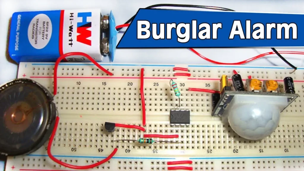 Burglar alarm circuit using a NOT gate and thermistor sensor.